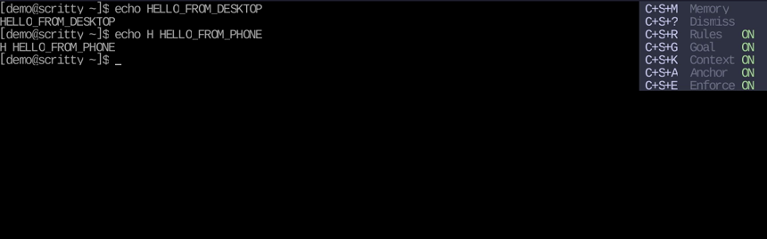 scritty desktop terminal showing a session that echoes HELLO_FROM_DESKTOP then HELLO_FROM_PHONE